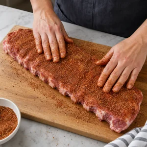 Dry rub pressed onto a rack of pork ribs