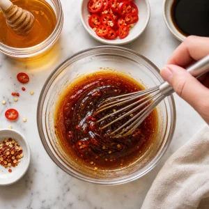 Hot honey and soy sauce whisked into a glossy glaze