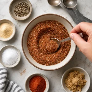 Red-brown dry rub spices mixed in a small bowl