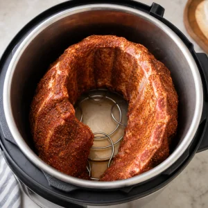 Spice-rubbed ribs curled upright inside a pressure cooker