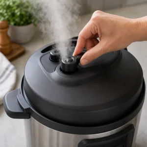Steam released from the valve of a pressure cooker