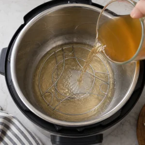 Vinegar and water poured into a pressure cooker pot with a trivet