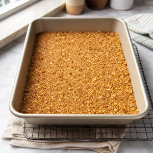 Baked pretzel crust cooling in a rectangular pan