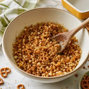 Crushed pretzels mixed with melted butter in a bowl