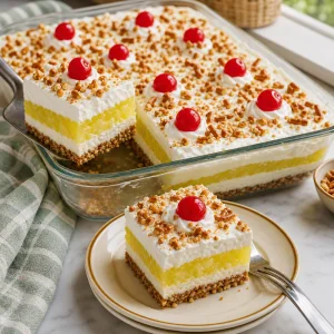 Finished pineapple pretzel jello salad squares with cherries