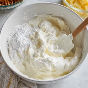 Fluffy cream cheese and whipped topping folded in a bowl