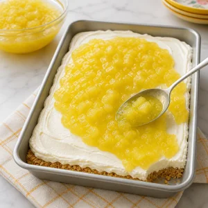 Pineapple gelatin spooned over a cream cheese layer in a pan