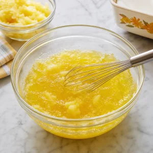 Pineapple gelatin with crushed pineapple in a glass bowl