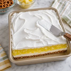 Whipped topping smoothed over pineapple jello in a pan
