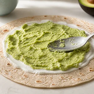 Mashed avocado spread over a dressed tortilla