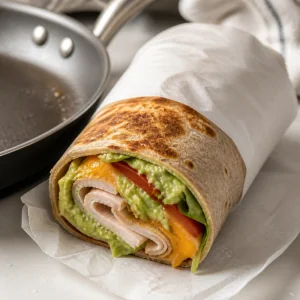 Toasted turkey avocado wrap partly wrapped in parchment