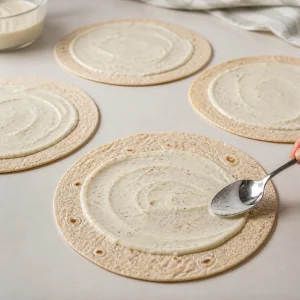 Whole wheat tortillas spread with creamy dressing