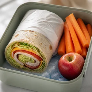 Wrapped turkey avocado sandwich packed with carrots and an apple