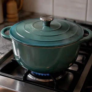 Covered pot cooking arroz con gandules on low heat