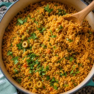 Finished arroz con gandules being fluffed with cilantro