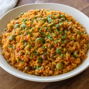 Finished arroz con gandules with pigeon peas, olives, and cilantro