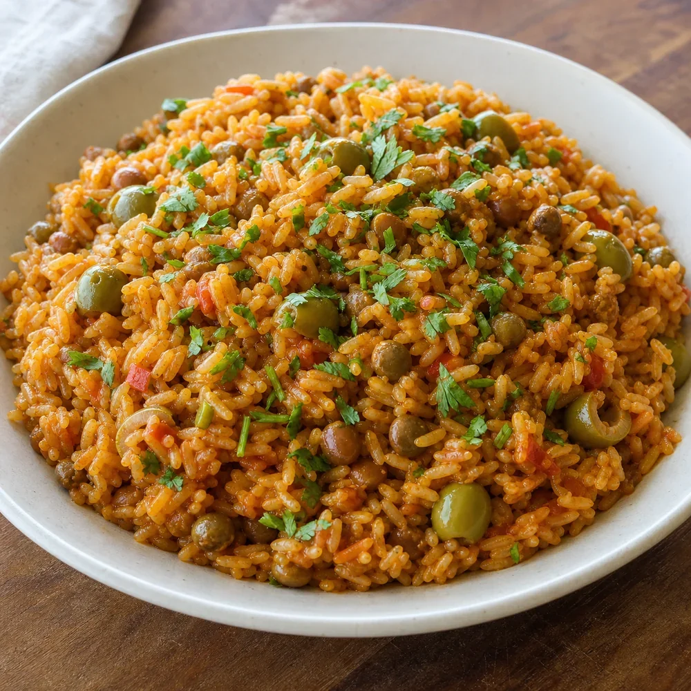 Finished arroz con gandules with pigeon peas, olives, and cilantro