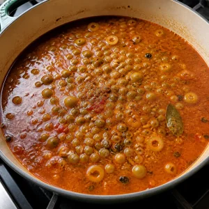 Pigeon peas simmering in seasoned tomato broth