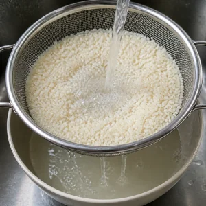 Rice rinsing in a fine-mesh strainer under running water