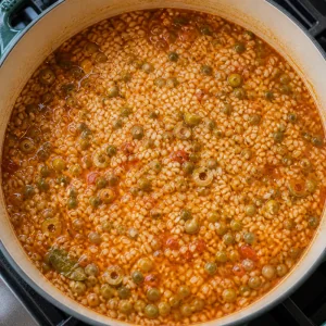 Rice spread into the simmering pigeon pea broth