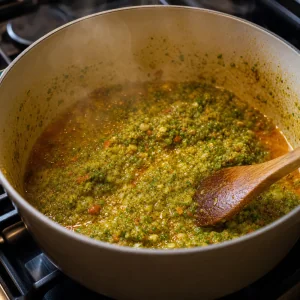 Sofrito cooking in oil in a heavy pot