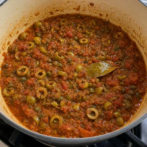 Tomato seasoning base with olives, capers, spices, and bay leaf