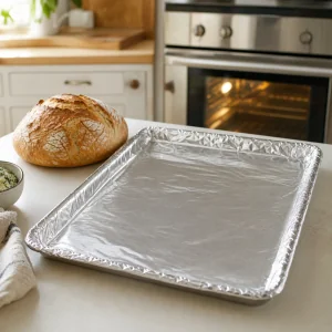 Assadeira forrada com papel-aluminio pronta para pao de alho