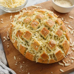 Mussarela e parmesao recheando o pao com manteiga de alho