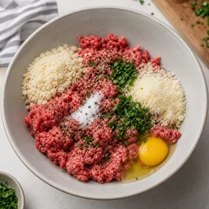 Hackfleisch mit Panko, Ei, Knoblauch, Parmesan, Petersilie, Salz und Pfeffer vermischt