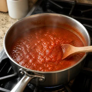 Marinara-Sauce erwaermt sich in einem Topf mit sanften Blaeschen
