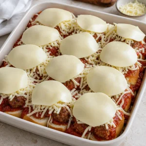 Fleischbaellchen-Slider vor dem Backen mit geriebenem Mozzarella und Provolone-Scheiben bedeckt