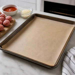 Mit Backpapier ausgelegtes Backblech bereit fuer Fleischbaellchen-Slider