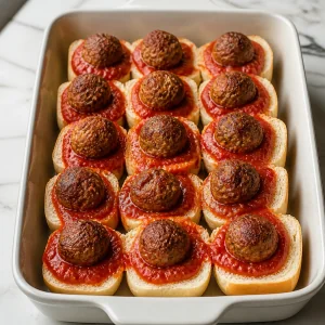 Slider-Broetchen mit warmer Marinara und gebackenen Fleischbaellchen in einer Form
