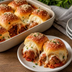 Warme Pull-apart-Fleischbaellchen-Slider mit Marinara und geschmolzenem Kaese serviert