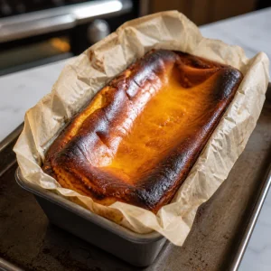 Gebackener Kürbis-Cheesecake mit dunkel gebräunter Oberfläche