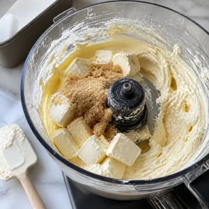 Frischkäse und brauner Zucker im Food Processor vermischt