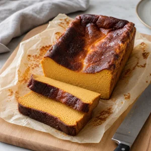 Geschnittener Kürbis-Cheesecake auf Backpapier