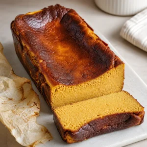 Cheesecake basca de abóbora fatiada com topo tostado