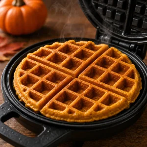 Goldene Kuerbiswaffel backt in einem offenen Waffeleisen