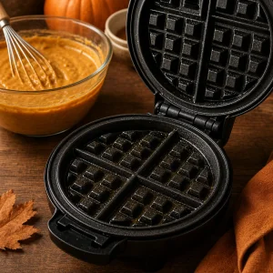 Geoeffnetes leicht gefettetes Waffeleisen neben Kuerbisteig
