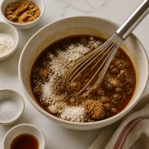 Mélange de sirop d érable avec cassonade et farine en train d être fouetté