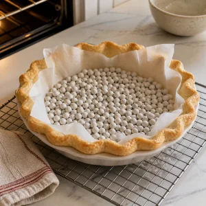 Fond de tarte garni de papier cuisson et de poids