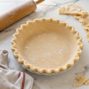 Pâte à tarte foncée dans un moule avec un bord pincé