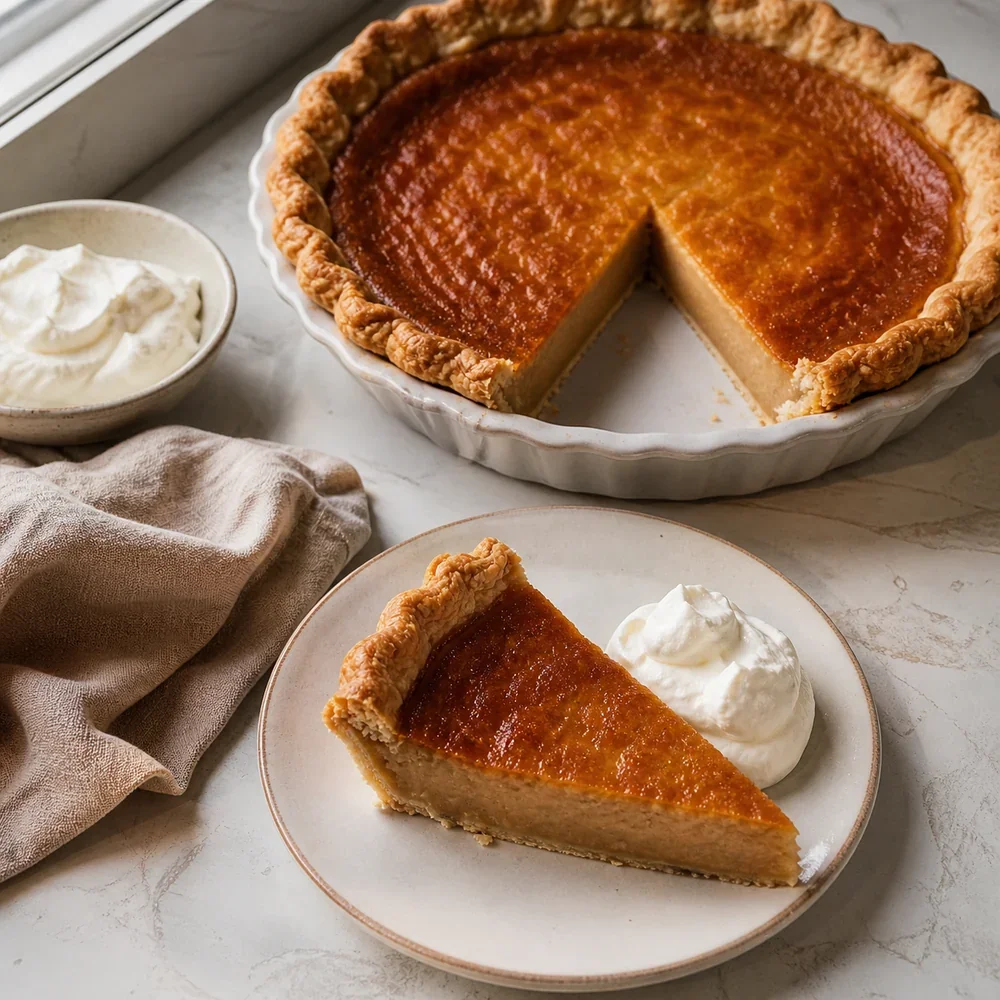 Tarte au sucre d érable du Québec avec une part coupée et de la crème fouettée