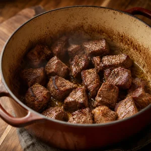Beef cubes browning in a Dutch oven