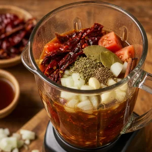 Birria sauce ingredients in a blender