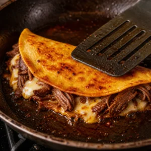Folded quesabirria taco crisping in a skillet