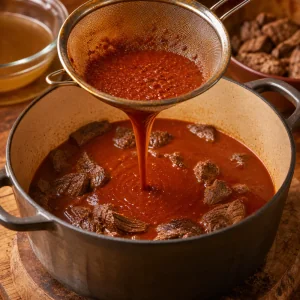Red chile sauce strained into beef