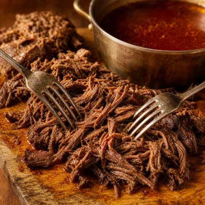 Shredded birria beef beside consomme