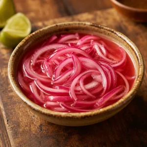Sliced red onions pickling in brine